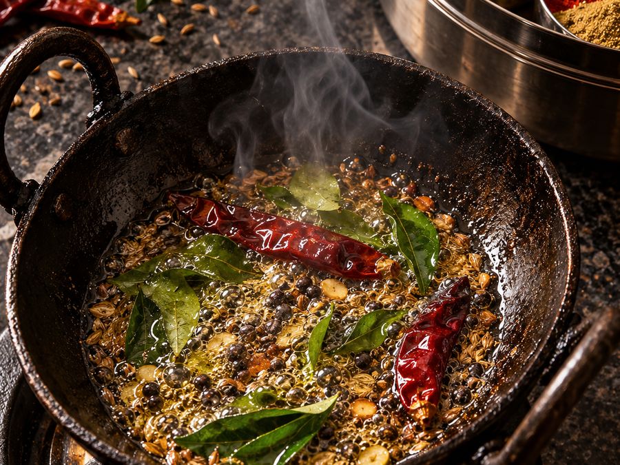 Fresh tadka of mustard seeds, curry leaves and red chillies