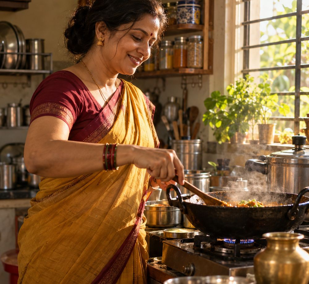 A home chef smiling as she cooks fresh lunch
